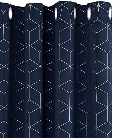 Deconovo Blackout Eyelet Curtains, Home Decorative Diamond Foil Printed Room Darkening Curtains, Ring Top Curtains for Bedroom, 66 x 54 Inch(Width x Length), Navy Blue, One Pair