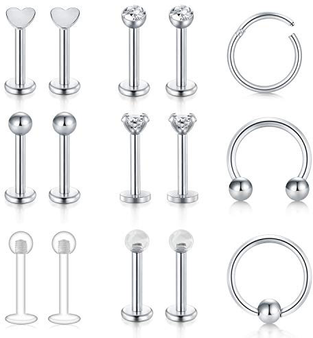 AceFun 15Pcs Piercing de Lèvre Nez 16G en Acier Inoxydable Clou de Cartilage Helix Tragus Stud Labret Fer à Cheval Anneau à Charnière Septum Clicker segmenté Femme Homme Argent
