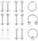 AceFun 15Pcs Piercing de Lèvre Nez 16G en Acier Inoxydable Clou de Cartilage Helix Tragus Stud Labret Fer à Cheval Anneau à Charnière Septum Clicker segmenté Femme Homme Argent