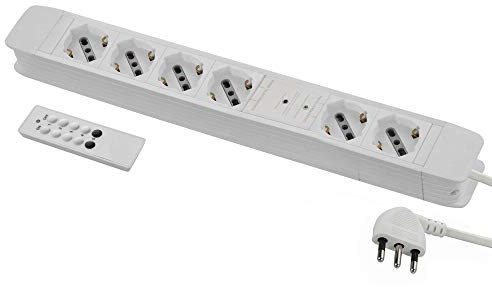Electraline 61902 Regleta teledirigida 6 plazas polivalentes (Schuko+10/16 A) fácil de programar con Mando a Distancia, Cable 2 m, Enchufe 16 A