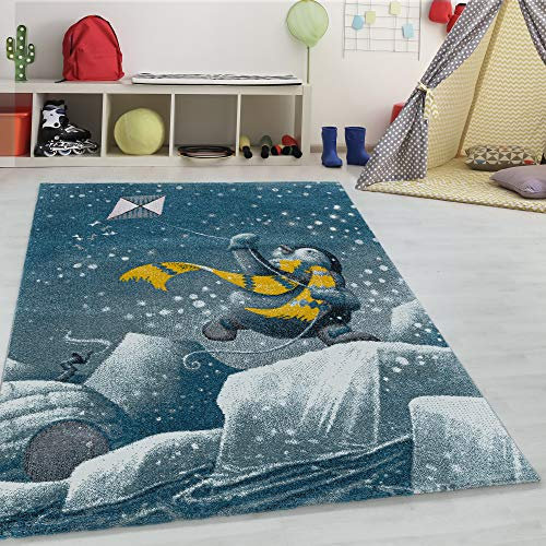 Teppium Kurzflor Kinderteppich für Jungen & Mädchen Pinguin Iglu Design 120 cm Rund Blau - Waschbarer Teppich Pflegeleicht, Weich und Antiallergen - für Kinderzimmer, Spielzimmer und Babyzimmer
