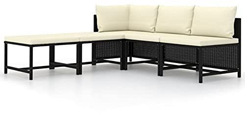 Tidyard 5-TLG. Polyrattan Lounge Gartengarnitur mit Kissen, Mittlelsofa Ecksofa Fußstütze Gartensofa Gartenmöbel Schwarz