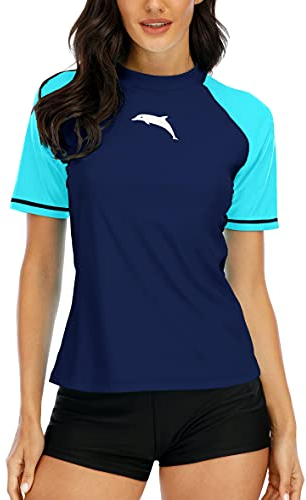 Halcurt Damen Rash Guard Bademode für Schwimmen Surfen Tauchen Sport Badeanzug Kurzarm UV-Schutz