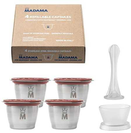 Madama - Capsule rechargeable et réutilisable compatible avec Nespresso. Acier inoxydable avec couvercles en silicone. Fabriqué en Italie. Lot de 4 capsules
