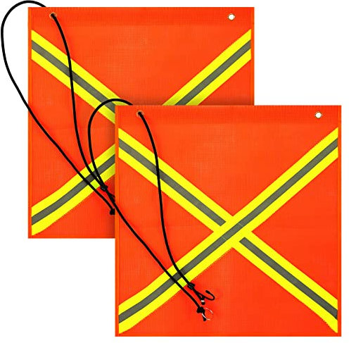 18 x 18 Inch Safety Flag 2 Pieces Mesh Weather Proof Warning Flag with Grommet and Bungee Cord and Double Sided Reflective Strip for Truck Hunting Bike Trailer Hauling(Orange)