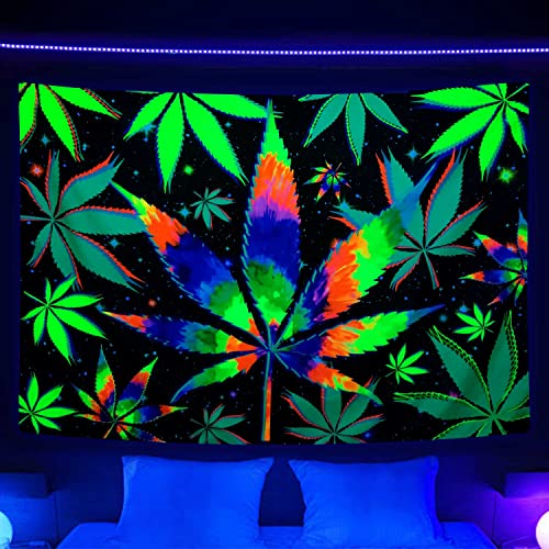 VeiVian Blacklight Trippy Weed UV-reaktiver Wandteppich, psychedelisches Hanfblatt, cooles, buntes Marihuana, kleines Schwarzlicht, Wandteppiche für Schlafzimmer, Wohnzimmer, Wohnheim, 152,4 x 101,6