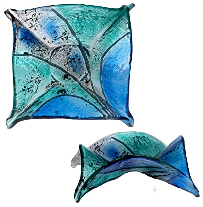 CRISTALICA Kerzenhalter Glasschale Blüte Tischdeko Fusing Glas blau 16x16cm Handmade