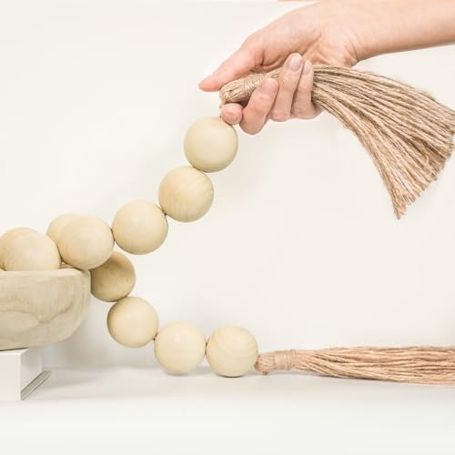 RUIRUICO Extra große Holzperlengirlande mit 4,1 cm Durchmesser Holzperlen, Holzperlen Girlande mit Quasten, dekorative Perlen, Bauernhaus-Perlen, Heimdekoration (Natur Beige, 104 cm)