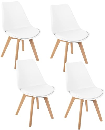HJhomeheart Juego de 4 Sillas de Comedor, Patas de Madera Maciza, Cojín de Silla Extraíble, Silla de Cocina, Silla Moderna (Blanco-4)