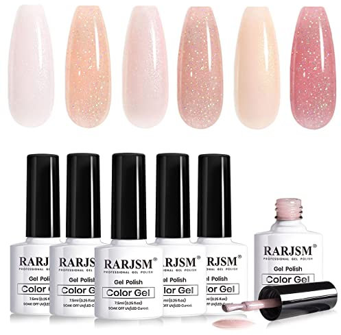 RARJSM Nude Shimmer Gel Nail Polish Set 6 Colours Pale Pink Milky Jelly Pink Purple Apricot Beige Holographic Glitter Iridescent Pigments Gel Polish 7.5ml Translucent Natural Soak off UV LED Cured