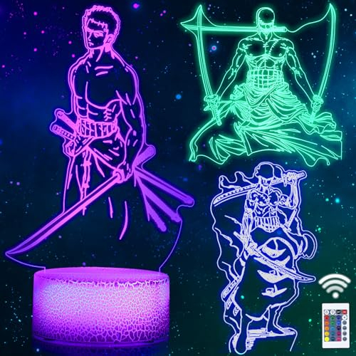 QQAAMZ One Piece Roronoa Zoro Lampe 3d Illusion Zoro Nachtlicht Kinder Touch Mit Fernbedienungnachttischlampe, ​anime Merch Luffy Led Chreibtischlamp Gadget Weihnachtsgeschenke 3 In 1