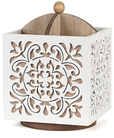 Optyuwah Rotating Utensil Holder for Kitchen Counter, Wood Utensil Organiser Silverware Organiser Rustic Cutlery Holder Utensil Crock, White Utensil Caddy for Forks, Spoons, Knives