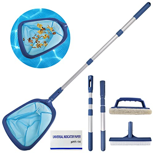 AMFUN Retino per Piscina, Retina Raccogli Foglie, Retino Piscina, Rete Skimmer per Piscina con Asta Telescopica Regolabile, con Spazzola/Test PH, per Pulizia Foglie e Detriti Stagni Spa