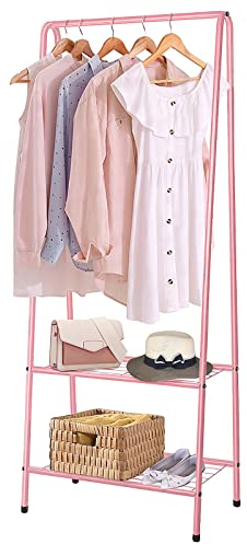 Youyijia Kleiderständer Garderobenständer Garderobe 2 Ablagen für Schuhe und Boxen Metallgestell platzsparend ideal für Schlafzimmer Flur und Büro Rosa
