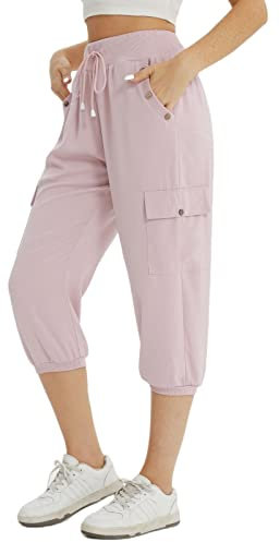 fuinloth Pantacourt Femme, 3/4 Capri Cargo Pantalon éTé Casual Ample avec Quatre Poches Rose M 38-40