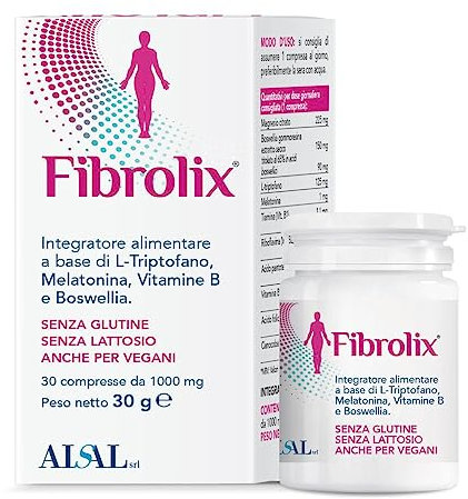 FIBROLIX | Integratore alimentare per rilassare la muscolatura, favorisce il sonno e anti stanchezza, a base di L-Triptofano, Melatonina, Boswellia, Senza Glutine e Lattosio. | 30 cpr