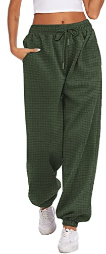 Hotouch Jogginghose Damen Baggy Freizeithose Yogahose Warm Waffle Lang Hosen Kordelzug Lose Sweat Pants Hausehose Sporthose mit Taschen Armeegrün M