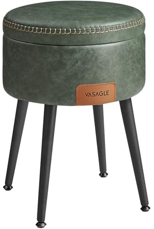 VASAGLE EKHO Kollektion - Sitzhocker, Sitzbank mit Stauraum, Sitztruhe, Kunstleder, Nähte, Mid-Century-Modern-Stil, modern, rund, Stahlbeine, bis 150 kg belastbar, waldgrün LOM005C01