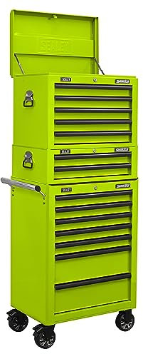 Sealey Topchest, Mid-Box & Rollcab Combination/Tool Chest on Wheels, 14 Drawer with Ball-Bearing Slides - Green - APSTACKTHV