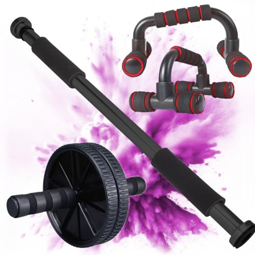 Barre de tractions de porte ajustable, roue abdominale et poignées de pompe. Accessoires pour fitness et musculation. Barre de traction, roulette abdominaux et poignet de pompe pour musculation.
