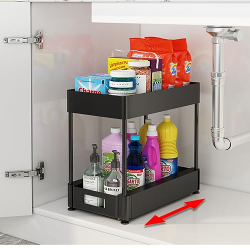 Indalindo - Organizador Bajo Fregadero para Almacenaje de Productos - Organizador Cocina para Armario Bajo de Limpieza - Sistema de Cajon Extraible con Rodamiento y Tope (Negro)