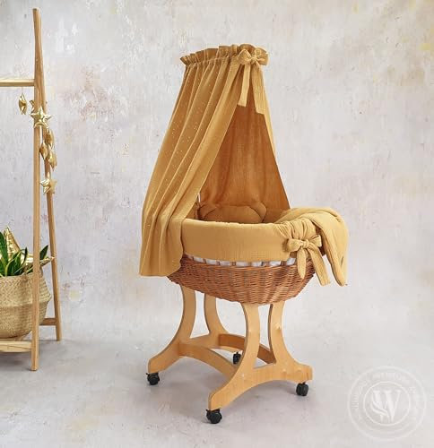 Moseskorb Natur braun mit Gestell und Matratze mit Baldachin und Bettwäsche I Leisen Rädern (Karamell)