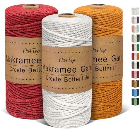 OurTop Premium Makramee Garn 3er Set, 3mm x 100m Macrame Cord Makramee Schnur Makramee Kordel, Garn für DIY Handwerk, Weben Dekoration, Hängepflanze Pflanze Aufhänger(Natur, Gelb, Rot)