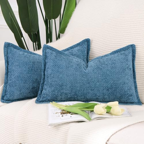 Madizz 2er Set Chenille Samt mit Rand Kissenbezüge Weiche Dekorativ Zierkissenbezüge Modern Kissenhülle für Sofa Wohnzimmer Schlafzimmer Dunkelblau 40x80 cm