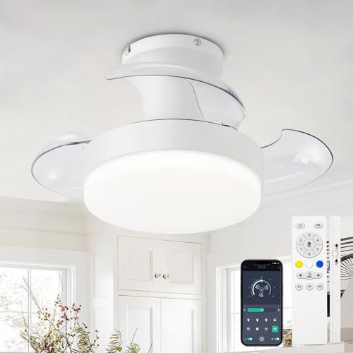 DJChen Ventilador De Techo Con Luz Aspas Retráctiles, Pequeño 52CM Ventilador Aspas Plegables Silencioso, Regulable, 6 Velocidades, Motor DC Reversible, Aspas Ocultas Para Dormitorio Salon