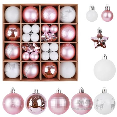 ZALAON 44 Pcs Christmas Ball Ornaments, 1.2/2.3 Inch Pink White Christmas Baubles Christmas Tree Hanging Ball Set for Xmas Party Indoor Outdoor Decorations