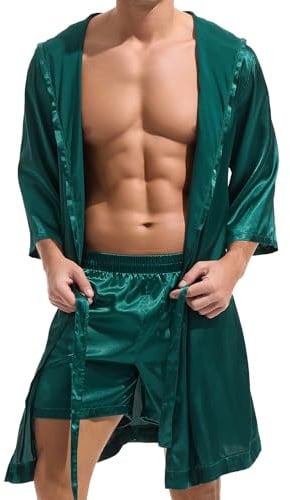 Amy Coulee Herren Sexy Satin Bademantel mit Shorts Set, mit Kapuze | Leicht, Dünn, Seidig, Silky, Morgenmantel, Bathrobe, Kimono, Sommer, Night, Sauna, Kapuze, Halbarm, Knielänge, Gürtel