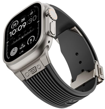 RYLIXAR Robusto cinturino in gomma siliconica per Apple Watch Ultra 2 Band 49mm 45mm 44mm 42mm,con chiusura pieghevole per iWatch Ultra Serie 9 8 7 6 5 4 3 2 1 SE (42mm/44mm/45mm/49mm, Nero)
