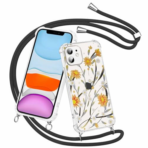Olgary Funda para iPhone 11 con Cuerda, Carcasa con Disegni de Flores y Correa Colgante Cordón Cadena Ajustable, Transparente PC Anti-Choque Anti-rasguños Ultra Fina Caso
