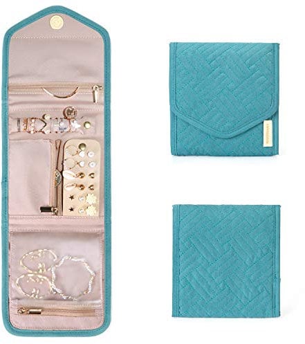bagsmart Travel Jewellery Organiser Roll Foldable Jewelry Case for Journey-Rings, Necklaces, Bracelets, Earrings,Small-Lake Blue