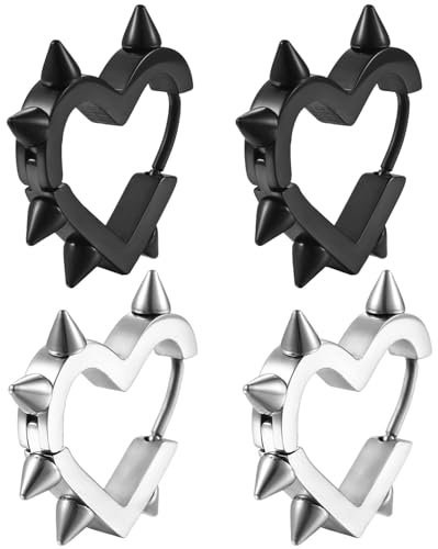 Kawailay 2 Paar Spike Creolen Ohrringes Edelstahl Spike Herz Ohrstecker Rock Punk Spike Manschette Ohrringe Spike Huggie Ohrringe für Herren Frau – Silber Schwarz