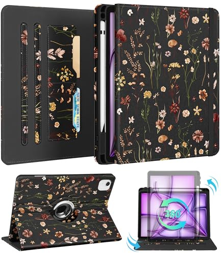 Kidcube Hülle für iPad Air 33 cm M3 2025/M2 2024, für iPad Pro 32,8 cm 6. und 5. Generation (2022/2021), drehbare Stand-Folio-Hülle mit Stifthalter und Kartenfach, Blumen-Design, einzigartiges Cover