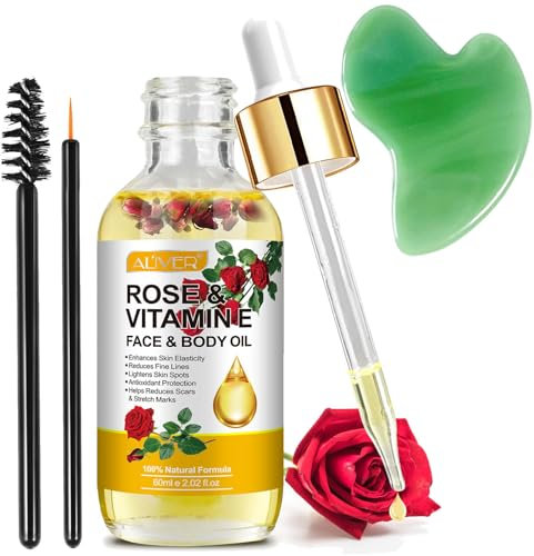 Huile de rose pour visage avec pétales de rose + outil Gua Sha, huile de vitamine E bio pour anti-âge, cicatrices et vergetures, huile de Gua Sha, huile de massage naturelle pour corps et peau sèche