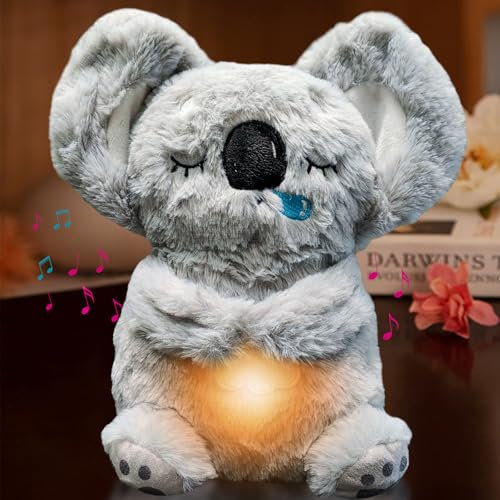 Schlummer Koala Kuscheltier mit Rhythmischen Atembewegung, Musik und Warmes Licht, Atmender Koala Plüschtier, Baby Einschlafhilfe Neugeborenen Geschenk (Grau)