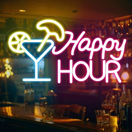 Happy Hour Neon Sign, Bar Neon Light for Wall Decor, LED Dimmable Light Up Sign USB Powered for Bedroom Home Man Cave Bar Hotel Club Pub Party