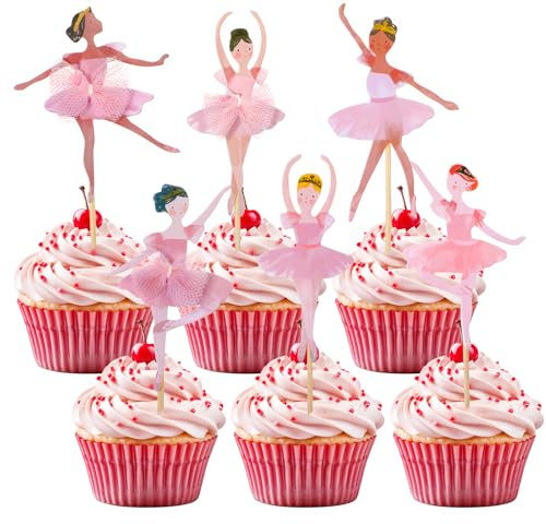 ElevateTech 36 Stück Ballerina Cupcake Toppers Geburtstagsdeko für Mädchen Tinkerbell Desserts Muffins Eiscreme Hochzeit Babyparty Geburtstagsfeier (Pink)