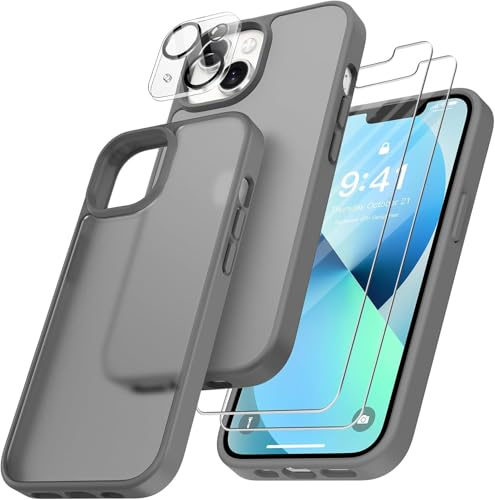 FLLAO 4 in 1 für iPhone 13 Hülle, Grau | 2 Schutzfolie und 1 KameraSchutz, Integriertes Luftkissen, Stoßfest Kratzfest Weich TPU Handyhülle, Transparent Schutzhülle