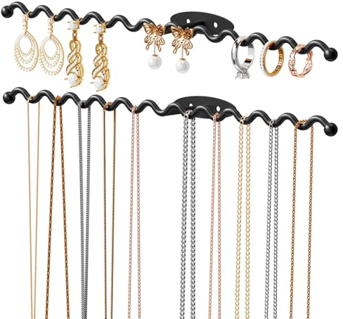 NiHome Wall Mounted Metal Jewelry Organizer Racks for Necklaces, Earrings, Bracelets, Rings, Decorative Display Wave Design Storage Holders for Bedroom, Bathroom, Kitchen, Entryway (2-Pack, Black)