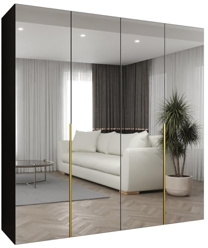 MEBLE KRYSPOL - Kleiderschrank mit Spiegel - Drehtürenschrank - Schrank 200 x 202 x 52 cm - Garderobenschrank Schlafzimmer, Flur, Jugendzimmer - Schwarz, Griff Gold - Alicante 3