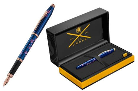 Cross Century II Cherry Blossom Fountain Pen (Stainless Steel F Nib Black Ink Colour with Premium Gift Packaging) Translucent Blue Lacquer Fittings Stainless Steel Rose Gold Plated