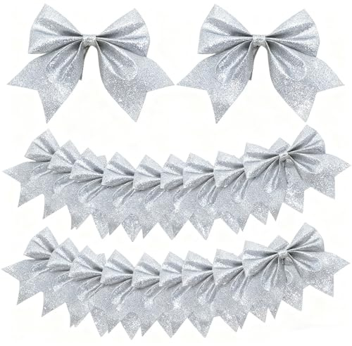 Ruolin 20 Stück Weihnachtsbaumschmuck Schleifen Silber, Weihnachtsbaum Deko Bogen Schleifen Weihnachten Glitzer Deko für Weihnachtsbaumschmuck