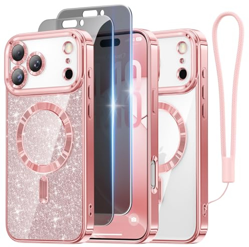 Meifigno Designed for iPhone 17 Pro Max Case 6.9, [Glitter Card & Wrist Strap] [Compatible with MagSafe] [2X Privacy Screen Protectors] Surround Raised Lens Protection for 17 Pro Max Case, Rose Gold