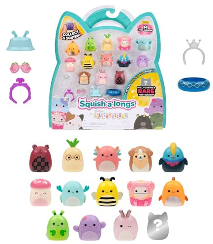 Squish-a-longs SQAL0268-14er Pack, enthält 14x 2,5 cm Mini-Squish mit 4X Accessoires, 1x Ring und 1x Collectors Guide (Serie 5, Style 2) - Sammeln, Tauschen, Spielen