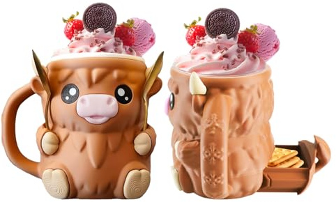 Highland Cow Ice Cream Holder with Handle and Spoon 3D Reusable Ice Cream Tub Pint Holder with Snack Drawer Cute Animal Anti-Freeze Cup Holder for Ice Cream Beer Can (Large)
