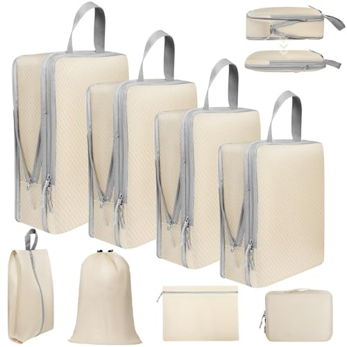 Votoko 8 Teilige Koffer Organizer Packing Cubes Compression, Packwürfel Set Kompression Packtaschen für Kofferorganizer Rucksack Kleidertaschen, Reise Kofferorganizer Ordnungssystem Set, Beige