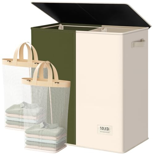 145L Laundry Basket 2 Compartments Washing Basket with Lid and Laundry Bags, Large Storage Baskets Clothes Hamper for Sorting, Collapsible Laundry Bin for Bedroom Bathroom Dorm, Green & Moon White